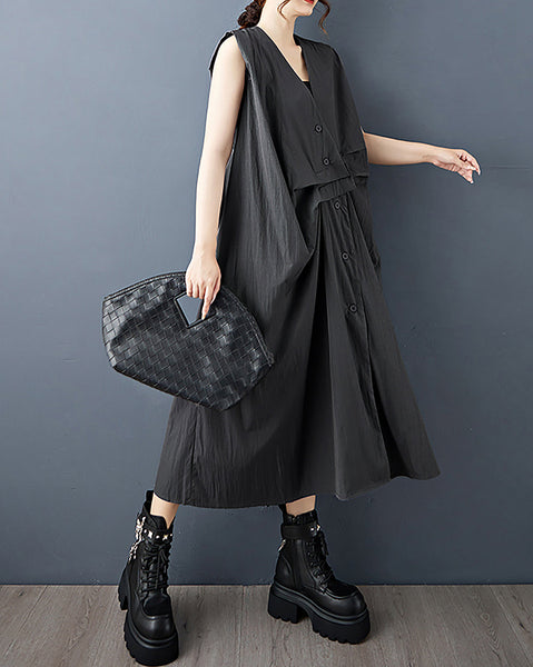 ellazhu Women's Dress Solid V-Neck Button Down Sleeveless Side Pocket Casual Fashion Loose Plus Size GZ600 Black