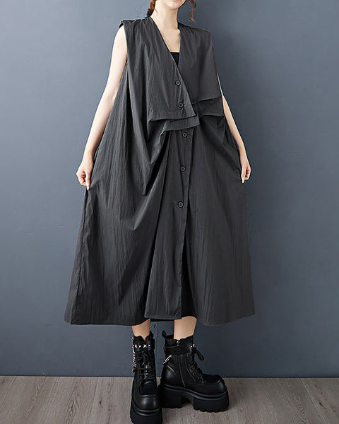 ellazhu Women's Dress Solid V-Neck Button Down Sleeveless Side Pocket Casual Fashion Loose Plus Size GZ600 Black