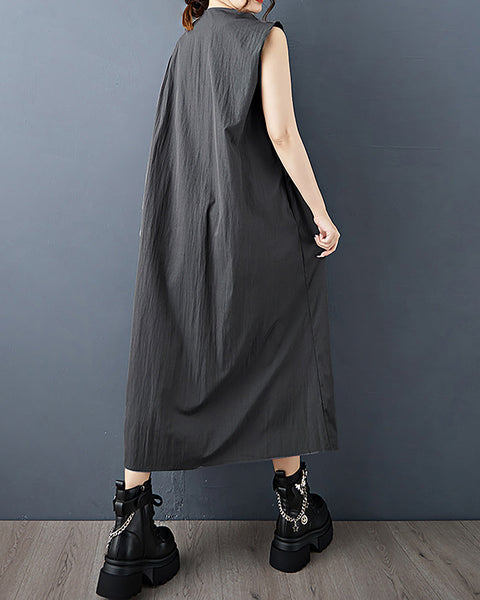 ellazhu Women's Dress Solid V-Neck Button Down Sleeveless Side Pocket Casual Fashion Loose Plus Size GZ600 Black