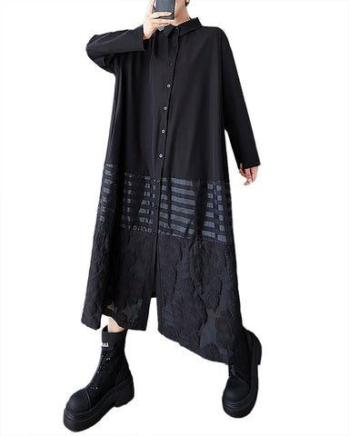 ellazhu Women's Dress Lapel Long Sleeve Button Down Striped Plus Size Flowy Hem Fashion Loose Casual Maxi GZ601 A Black