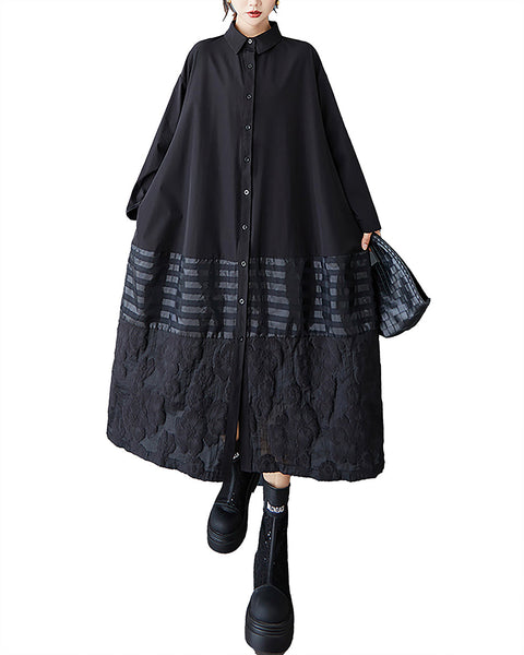 ellazhu Women's Dress Lapel Long Sleeve Button Down Striped Plus Size Flowy Hem Fashion Loose Casual Maxi GZ601 A Black