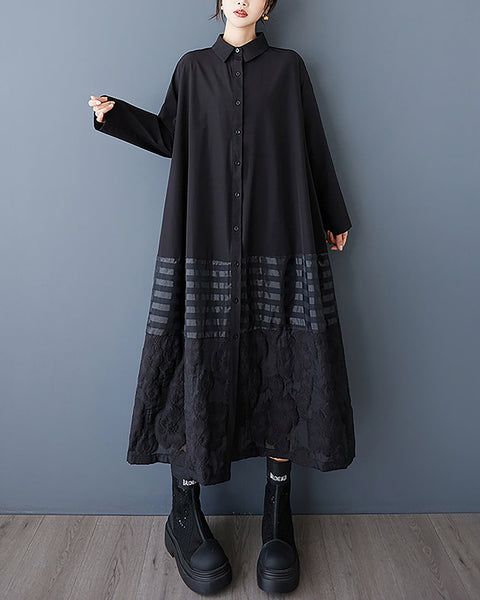 ellazhu Women's Dress Lapel Long Sleeve Button Down Striped Plus Size Flowy Hem Fashion Loose Casual Maxi GZ601 A Black