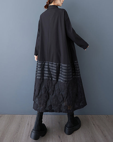 ellazhu Women's Dress Lapel Long Sleeve Button Down Striped Plus Size Flowy Hem Fashion Loose Casual Maxi GZ601 A Black