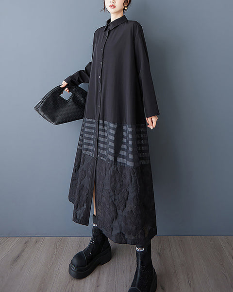 ellazhu Women's Dress Lapel Long Sleeve Button Down Striped Plus Size Flowy Hem Fashion Loose Casual Maxi GZ601 A Black