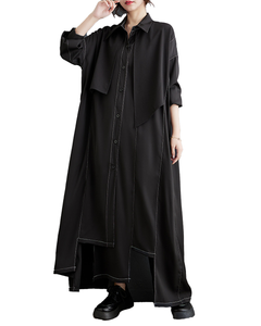 ellazhu Women's Shirt Dress Lapel Button Down Long Sleeve Solid Irregualr Hem GZ602 Black