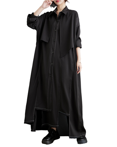 ellazhu Women's Shirt Dress Lapel Button Down Long Sleeve Solid Irregualr Hem GZ602 Black