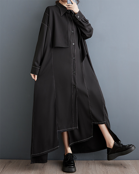 ellazhu Women's Shirt Dress Lapel Button Down Long Sleeve Solid Irregualr Hem GZ602 Black