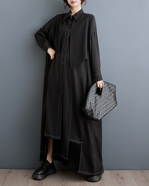 ellazhu Women's Shirt Dress Lapel Button Down Long Sleeve Solid Irregualr Hem GZ602 Black