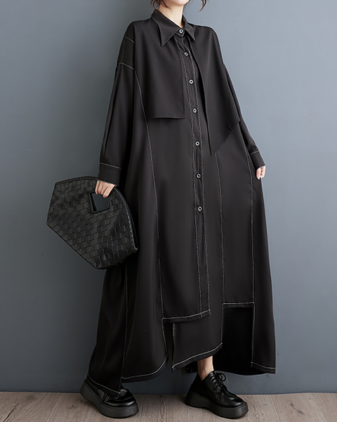 ellazhu Women's Shirt Dress Lapel Button Down Long Sleeve Solid Irregualr Hem GZ602 Black