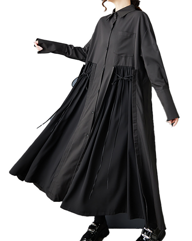 ellazhu Women's Shirt Dress Lapel Button Down Oversize Long Sleeve Solid GZ603 Black