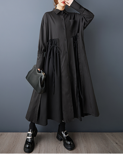 ellazhu Women's Shirt Dress Lapel Button Down Oversize Long Sleeve Solid GZ603 Black