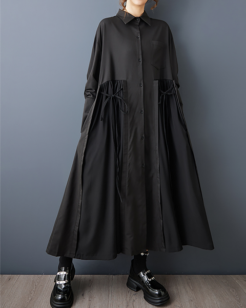 ellazhu Women's Shirt Dress Lapel Button Down Oversize Long Sleeve Solid GZ603 Black