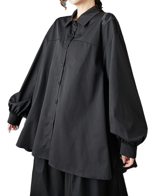 ellazhu Women's Shirt Button Down Lapel Long Sleeve Loose Oversize Solid GZ604 Black