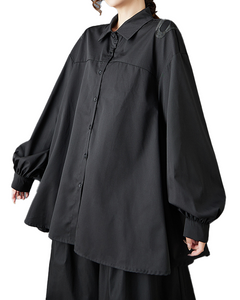ellazhu Women's Shirt Button Down Lapel Long Sleeve Loose Oversize Solid GZ604 Black