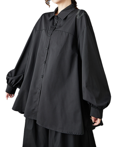 ellazhu Women's Shirt Button Down Lapel Long Sleeve Loose Oversize Solid GZ604 Black