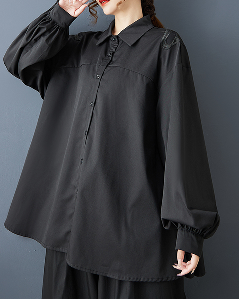 ellazhu Women's Shirt Button Down Lapel Long Sleeve Loose Oversize Solid GZ604 Black