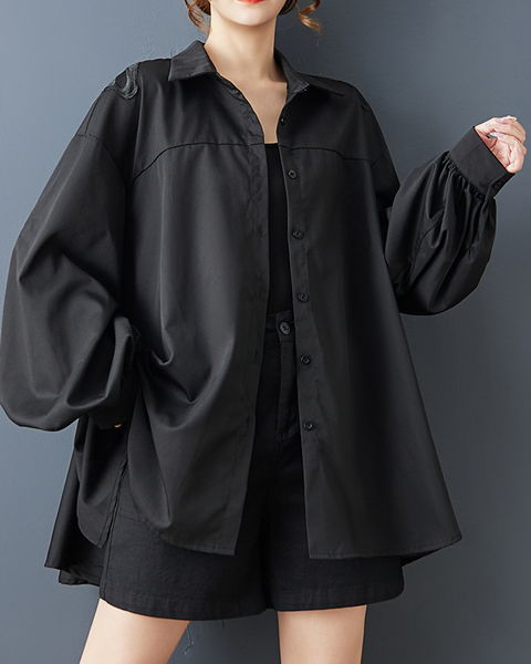 ellazhu Women's Shirt Button Down Lapel Long Sleeve Loose Oversize Solid GZ604 Black