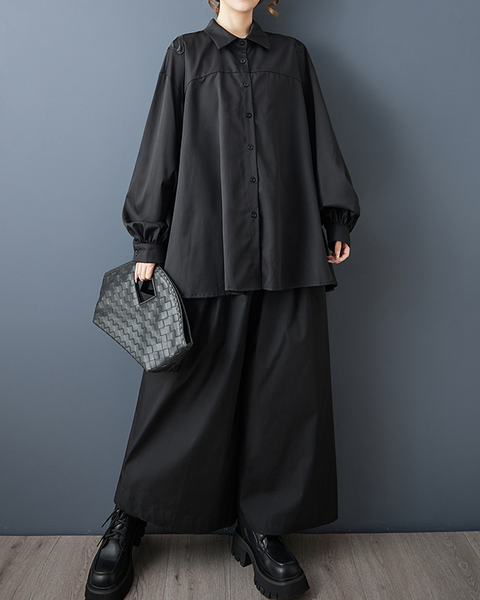 ellazhu Women's Shirt Button Down Lapel Long Sleeve Loose Oversize Solid GZ604 Black
