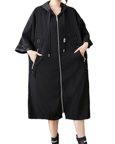 ellazhu Women's Coat Hooded Drawsting Solid Two Side Pockets Long Sleeve Zipper Maxi Casual Fashion Loose GZ605 Black
