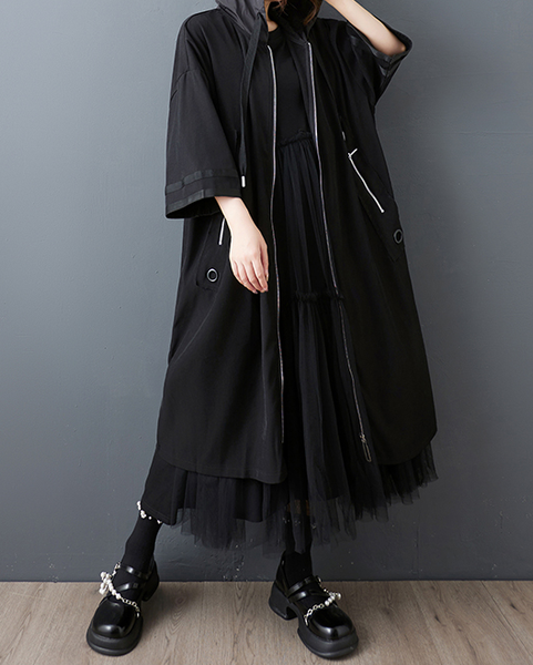 ellazhu Women's Coat Hooded Drawsting Solid Two Side Pockets Long Sleeve Zipper Maxi Casual Fashion Loose GZ605 Black