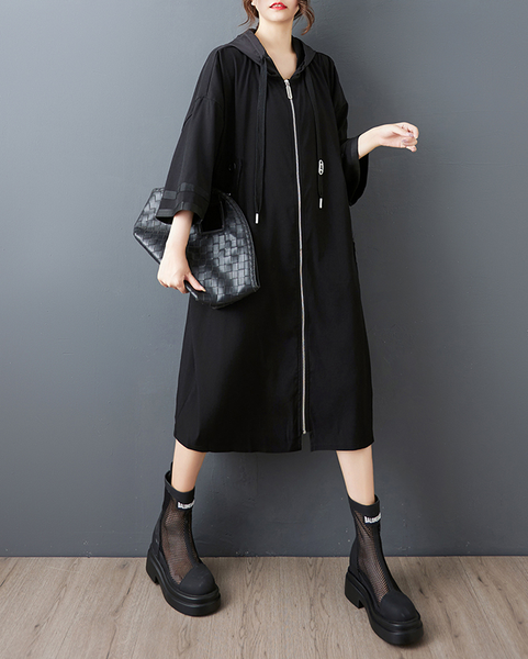 ellazhu Women's Coat Hooded Drawsting Solid Two Side Pockets Long Sleeve Zipper Maxi Casual Fashion Loose GZ605 Black