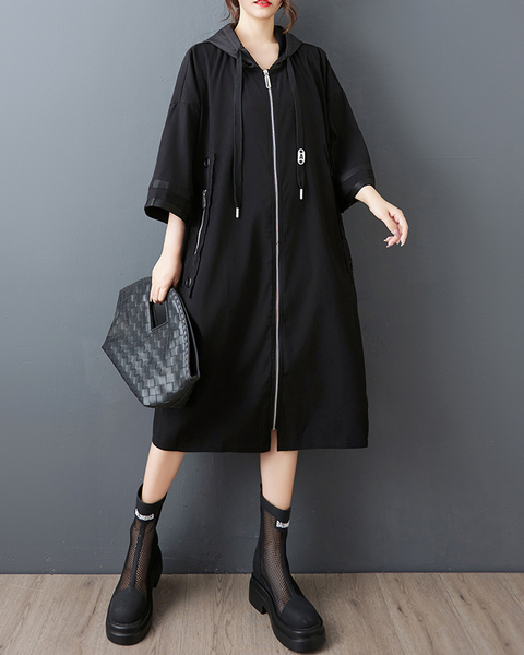 ellazhu Women's Coat Hooded Drawsting Solid Two Side Pockets Long Sleeve Zipper Maxi Casual Fashion Loose GZ605 Black
