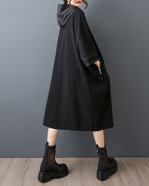 ellazhu Women's Coat Hooded Drawsting Solid Two Side Pockets Long Sleeve Zipper Maxi Casual Fashion Loose GZ605 Black