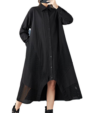 ellazhu Women's Shirt Dress Lapel Button Down Long Sleeve Solid Irregular Hem Tulle Mesh Patchwork Fashion Casual Loose GZ606 Black