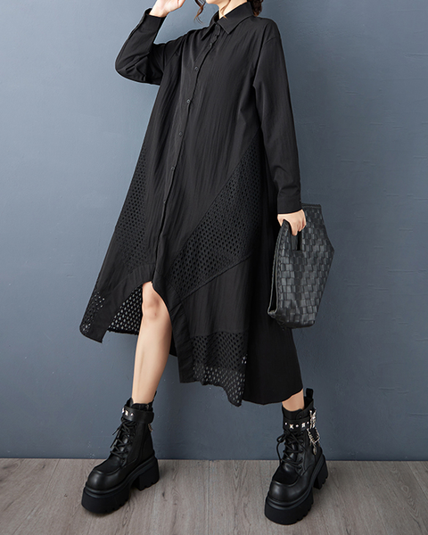 ellazhu Women's Shirt Dress Lapel Button Down Long Sleeve Solid Irregular Hem Tulle Mesh Patchwork Fashion Casual Loose GZ606 Black