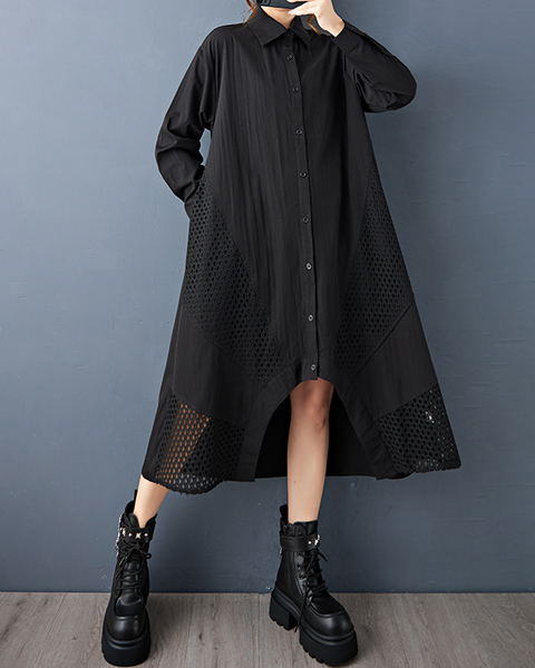 ellazhu Women's Shirt Dress Lapel Button Down Long Sleeve Solid Irregular Hem Tulle Mesh Patchwork Fashion Casual Loose GZ606 Black