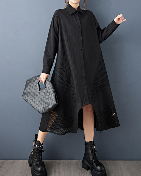 ellazhu Women's Shirt Dress Lapel Button Down Long Sleeve Solid Irregular Hem Tulle Mesh Patchwork Fashion Casual Loose GZ606 Black