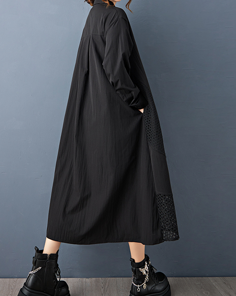 ellazhu Women's Shirt Dress Lapel Button Down Long Sleeve Solid Irregular Hem Tulle Mesh Patchwork Fashion Casual Loose GZ606 Black