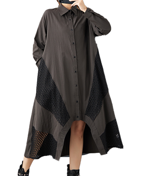 ellazhu Women's Shirt Dress Lapel Button Down Long Sleeve Solid Irregular Hem Tulle Mesh Patchwork Fashion Casual Loose GZ606 Black