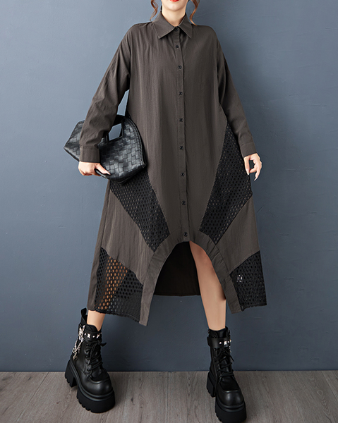 ellazhu Women's Shirt Dress Lapel Button Down Long Sleeve Solid Irregular Hem Tulle Mesh Patchwork Fashion Casual Loose GZ606 Black