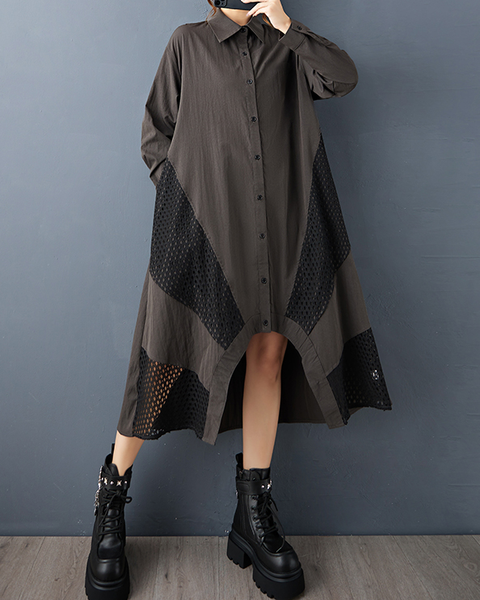 ellazhu Women's Shirt Dress Lapel Button Down Long Sleeve Solid Irregular Hem Tulle Mesh Patchwork Fashion Casual Loose GZ606 Black