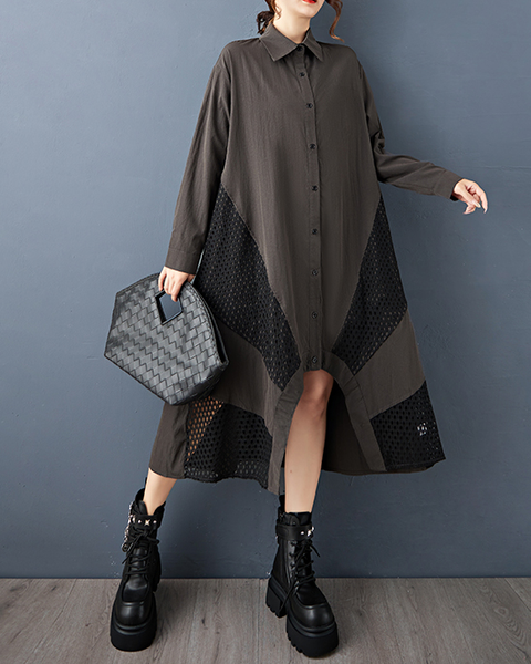 ellazhu Women's Shirt Dress Lapel Button Down Long Sleeve Solid Irregular Hem Tulle Mesh Patchwork Fashion Casual Loose GZ606 Black