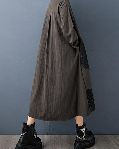 ellazhu Women's Shirt Dress Lapel Button Down Long Sleeve Solid Irregular Hem Tulle Mesh Patchwork Fashion Casual Loose GZ606 Black