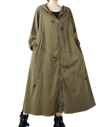 ellazhu Women's Coat Hooded Hooded Solid Long Sleeve Zipper Up Two Side Pockets Ruching Fashion Casual Loose GZ607 Army Green
