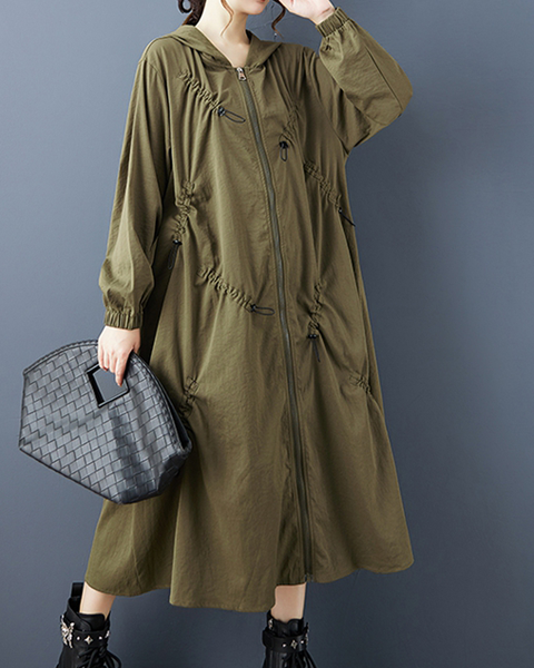 ellazhu Women's Coat Hooded Hooded Solid Long Sleeve Zipper Up Two Side Pockets Ruching Fashion Casual Loose GZ607 Army Green