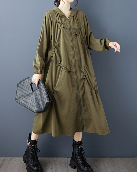 ellazhu Women's Coat Hooded Hooded Solid Long Sleeve Zipper Up Two Side Pockets Ruching Fashion Casual Loose GZ607 Army Green