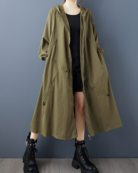 ellazhu Women's Coat Hooded Hooded Solid Long Sleeve Zipper Up Two Side Pockets Ruching Fashion Casual Loose GZ607 Army Green