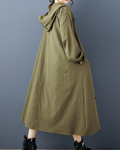 ellazhu Women's Coat Hooded Hooded Solid Long Sleeve Zipper Up Two Side Pockets Ruching Fashion Casual Loose GZ607 Army Green