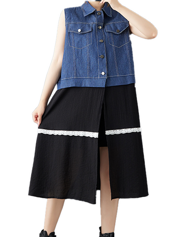 ellazhu Women's Vest Dress Color Blocking Demin Patchwork Split Hem Lapel Sleeveless Lace Fashion Casual GZ608