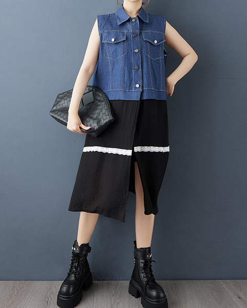 ellazhu Women's Vest Dress Color Blocking Demin Patchwork Split Hem Lapel Sleeveless Lace Fashion Casual GZ608