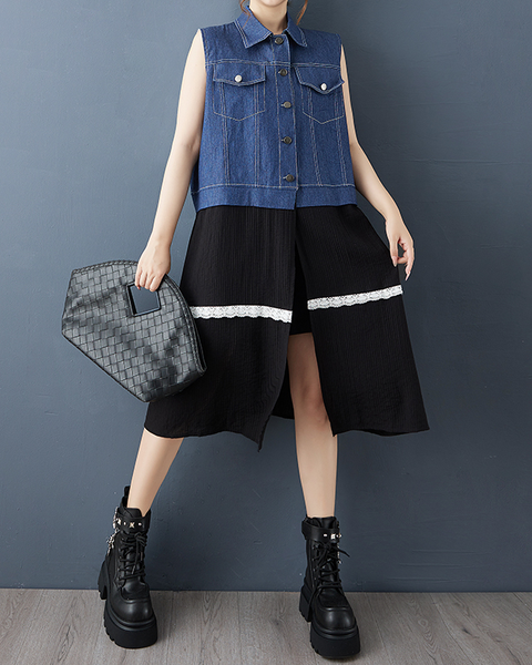 ellazhu Women's Vest Dress Color Blocking Demin Patchwork Split Hem Lapel Sleeveless Lace Fashion Casual GZ608