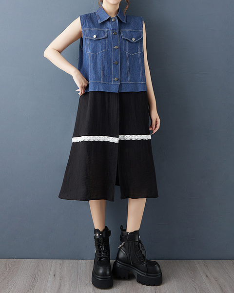 ellazhu Women's Vest Dress Color Blocking Demin Patchwork Split Hem Lapel Sleeveless Lace Fashion Casual GZ608