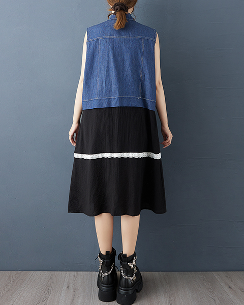 ellazhu Women's Vest Dress Color Blocking Demin Patchwork Split Hem Lapel Sleeveless Lace Fashion Casual GZ608
