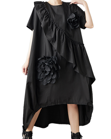 ellazhu Women's Dress Short Sleeve Crewneck 3D Flowers Solid Irregular Hem Flounce Patchwork Fashion Casual Loose GZ609 Black