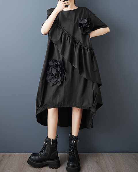 ellazhu Women's Dress Short Sleeve Crewneck 3D Flowers Solid Irregular Hem Flounce Patchwork Fashion Casual Loose GZ609 Black