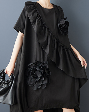 ellazhu Women's Dress Short Sleeve Crewneck 3D Flowers Solid Irregular Hem Flounce Patchwork Fashion Casual Loose GZ609 Black